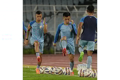 Sunil Chhetri during a training session in Kolkata